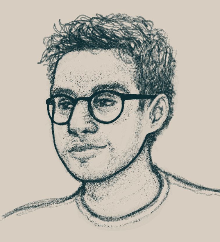 Black and white sketch of man with glasses